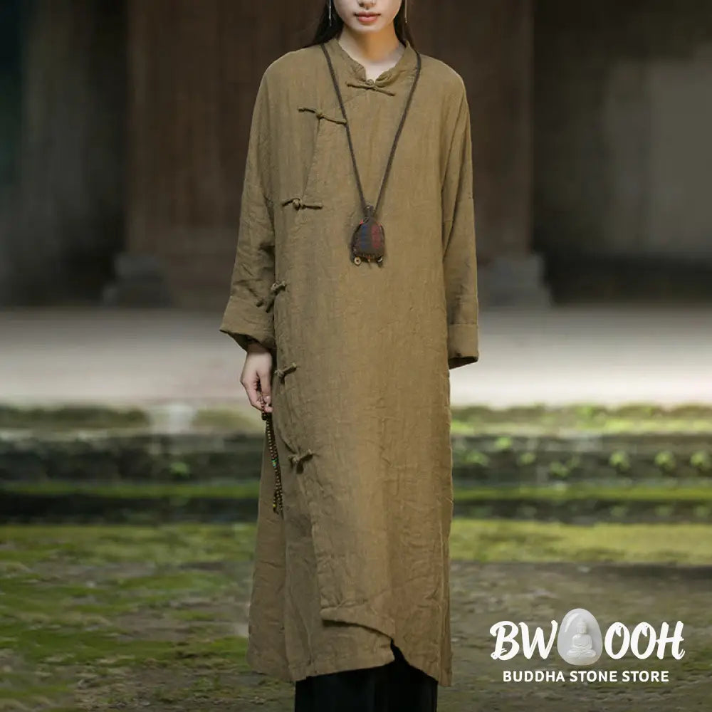Buddha Stones Solid Color Frog-Button Long Sleeve Ramie Linen Cotton Midi Dress With Pockets - Midi Dress