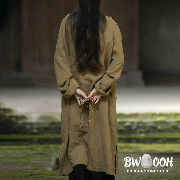 Buddha Stones Solid Color Frog-Button Long Sleeve Ramie Linen Cotton Midi Dress With Pockets - Midi Dress
