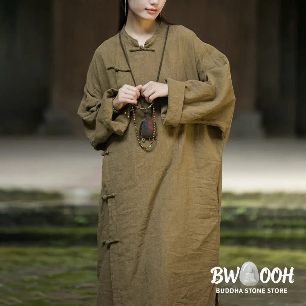 Buddha Stones Solid Color Frog-Button Long Sleeve Ramie Linen Cotton Midi Dress With Pockets - Midi Dress
