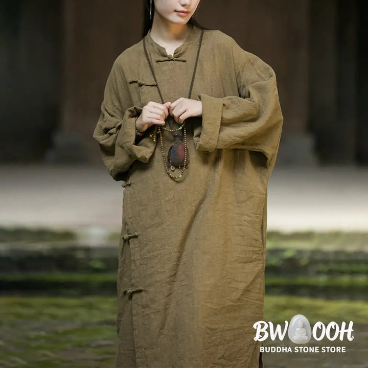 Buddha Stones Solid Color Frog-Button Long Sleeve Ramie Linen Cotton Midi Dress With Pockets - Midi Dress