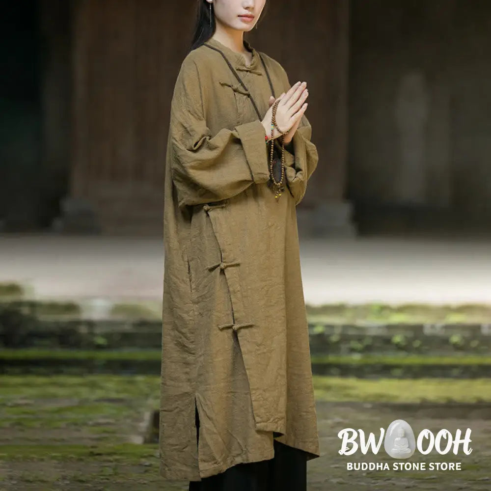 Buddha Stones Solid Color Frog-Button Long Sleeve Ramie Linen Cotton Midi Dress With Pockets - Midi Dress