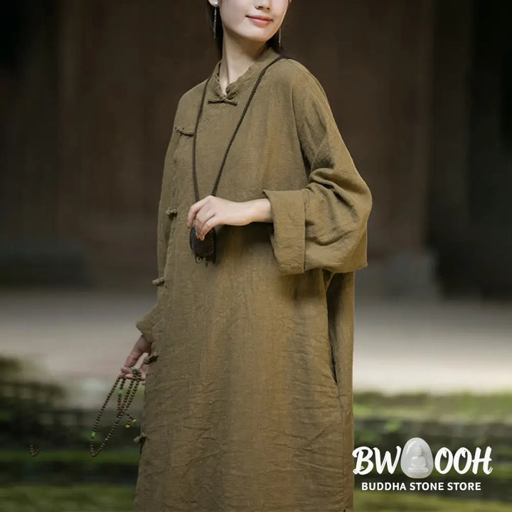 Buddha Stones Solid Color Frog-Button Long Sleeve Ramie Linen Cotton Midi Dress With Pockets - Midi Dress