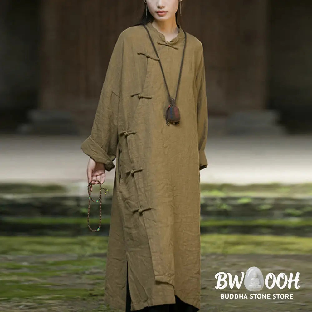 Buddha Stones Solid Color Frog-Button Long Sleeve Ramie Linen Cotton Midi Dress With Pockets - Midi Dress