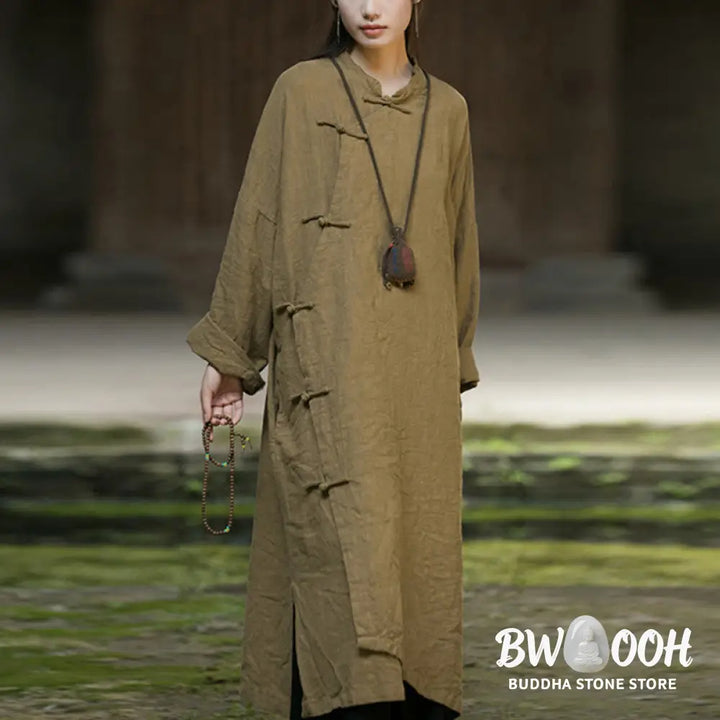 Buddha Stones Solid Color Frog-Button Long Sleeve Ramie Linen Cotton Midi Dress With Pockets - Midi Dress