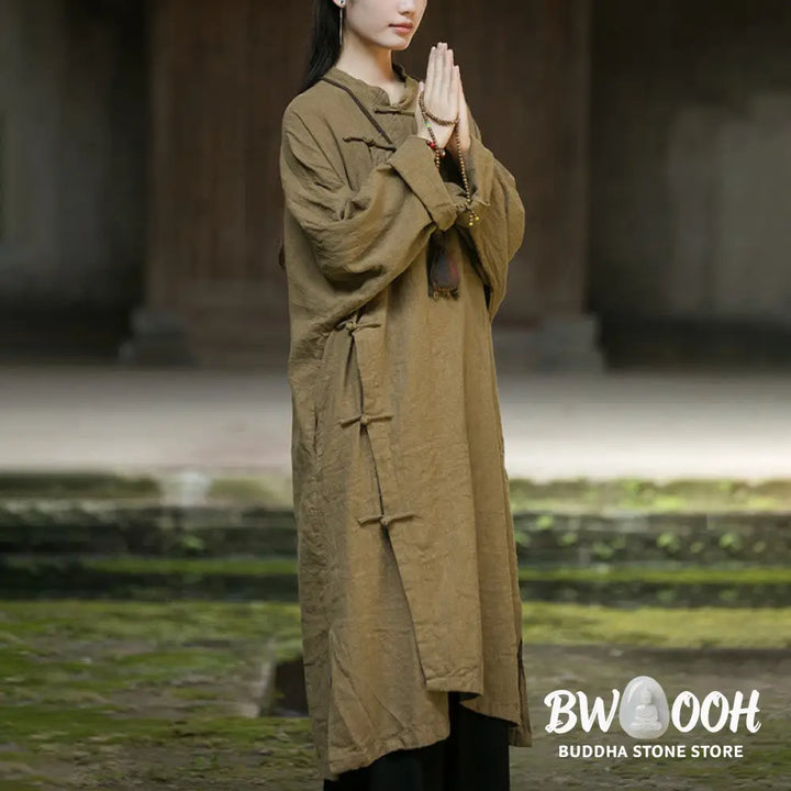 Buddha Stones Solid Color Frog-Button Long Sleeve Ramie Linen Cotton Midi Dress With Pockets - Midi Dress