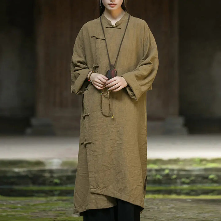 BWOOOH Solid Color Frog-Button Long Sleeve Ramie Linen Co