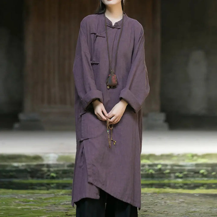 Buddha Stones Solid Color Frog-Button Long Sleeve Ramie Linen Cotton Midi Dress With Pockets - Purple