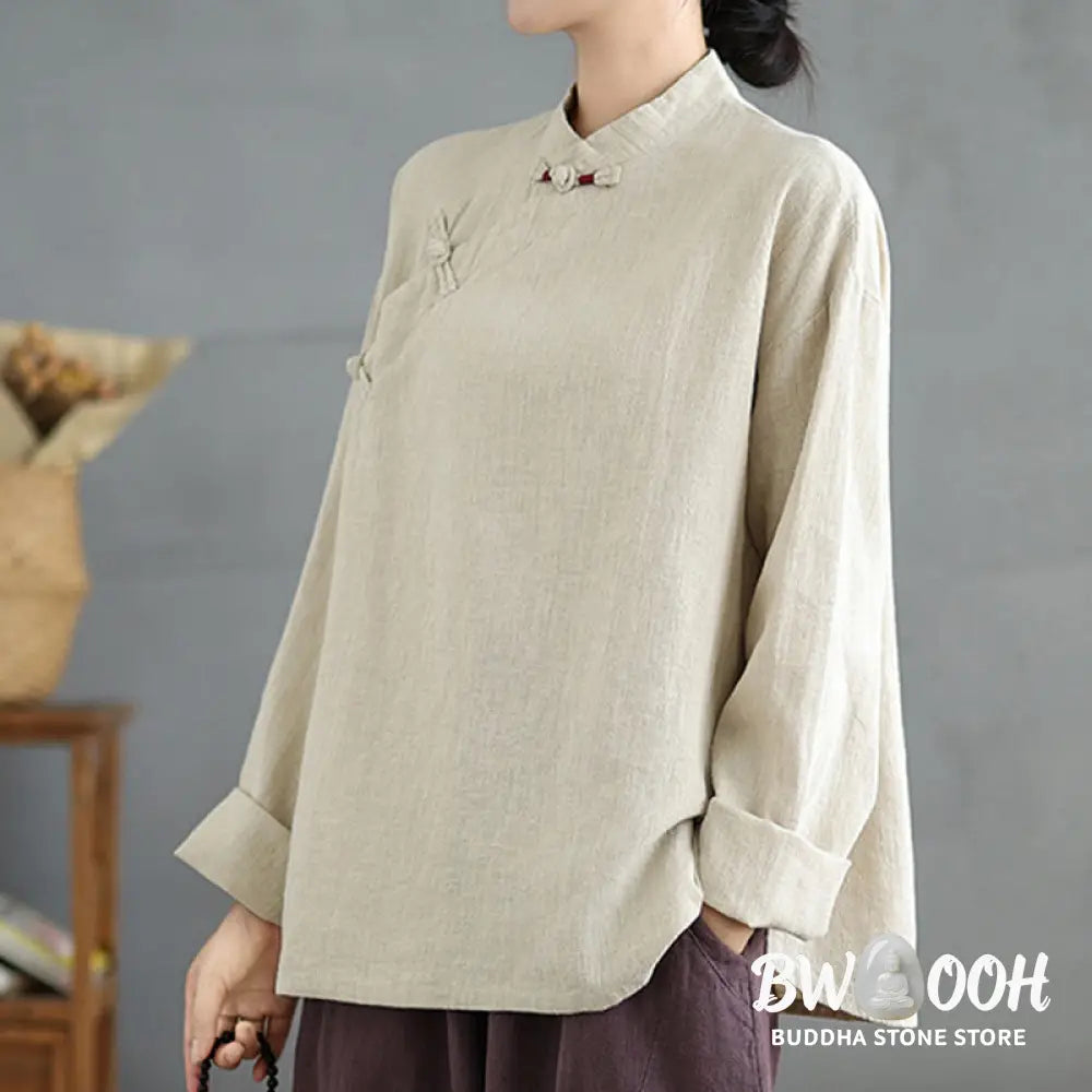 Buddha Stones Solid Color Frog-Button Long Sleeve Women’s Shirt - Women’s Shirts