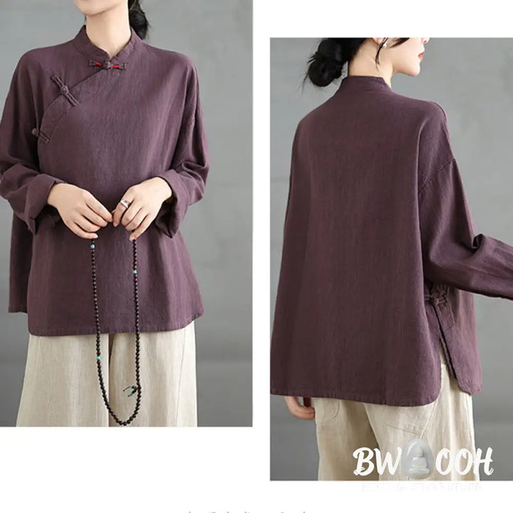 Buddha Stones Solid Color Frog-Button Long Sleeve Women’s Shirt - Women’s Shirts