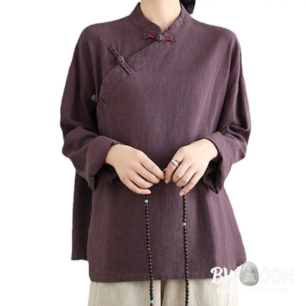 Buddha Stones Solid Color Frog-Button Long Sleeve Women’s Shirt - Women’s Shirts