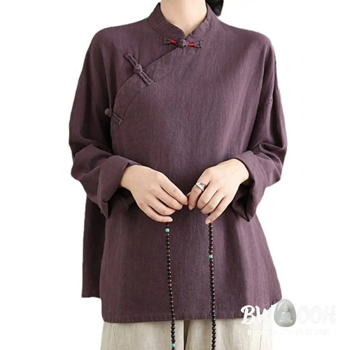 Buddha Stones Solid Color Frog-Button Long Sleeve Women’s Shirt - Women’s Shirts