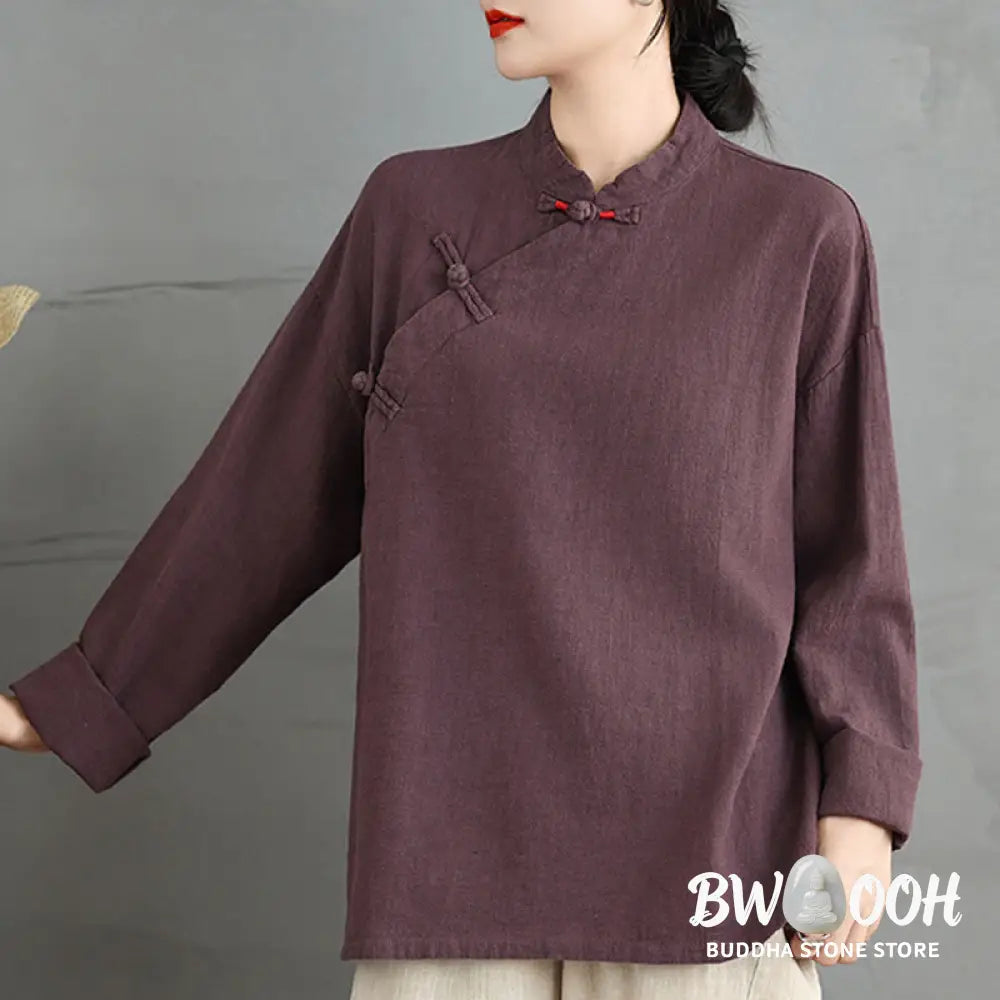 Buddha Stones Solid Color Frog-Button Long Sleeve Women’s Shirt - Women’s Shirts