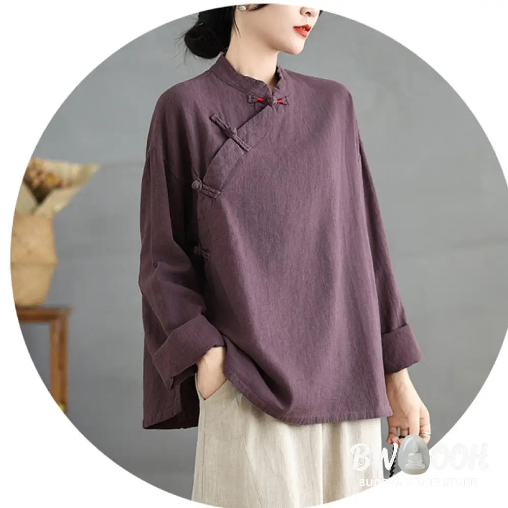 Buddha Stones Solid Color Frog-Button Long Sleeve Women’s Shirt - Women’s Shirts