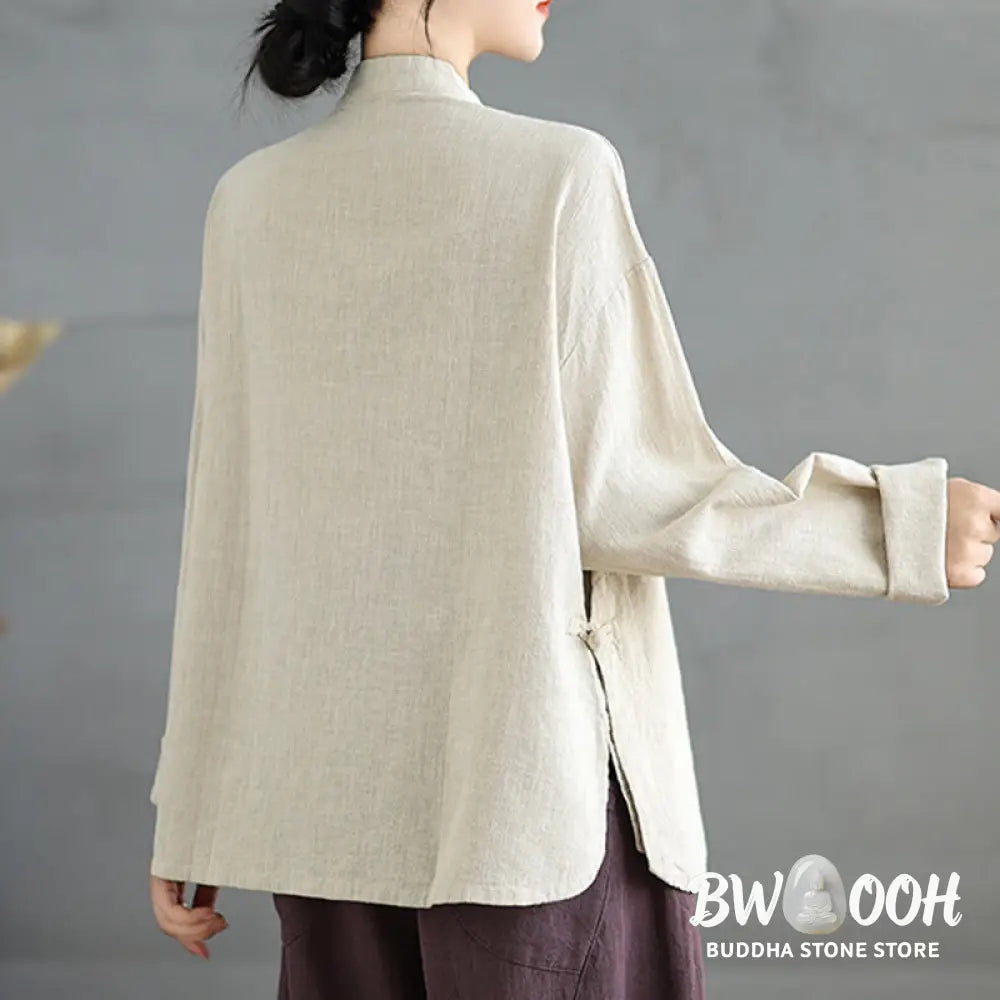 Buddha Stones Solid Color Frog-Button Long Sleeve Women’s Shirt - Women’s Shirts