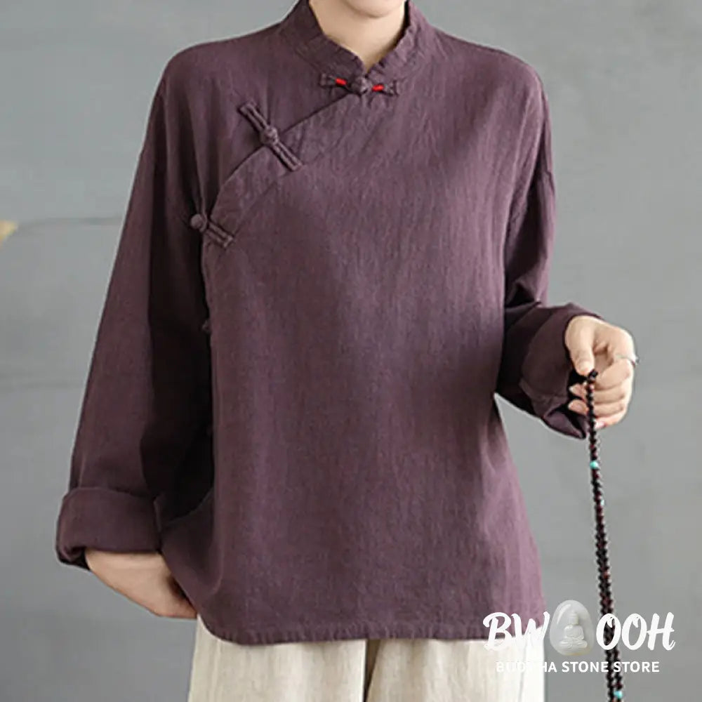 Buddha Stones Solid Color Frog-Button Long Sleeve Women’s Shirt - Women’s Shirts