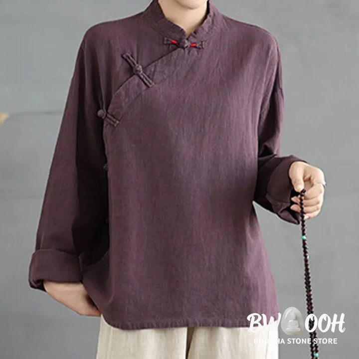 Buddha Stones Solid Color Frog-Button Long Sleeve Women’s Shirt - Women’s Shirts
