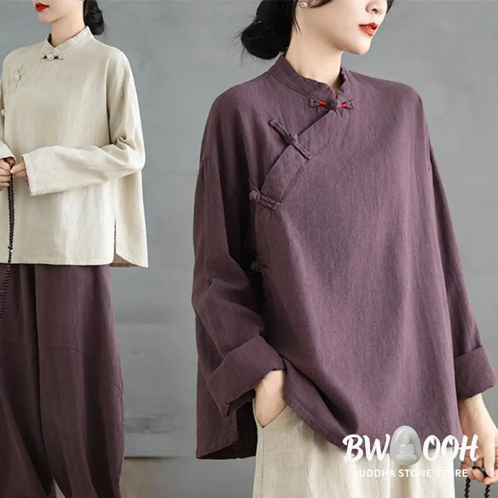 Buddha Stones Solid Color Frog-Button Long Sleeve Women’s Shirt - Women’s Shirts