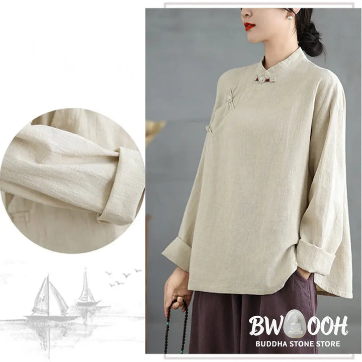 Buddha Stones Solid Color Frog-Button Long Sleeve Women’s Shirt - Women’s Shirts