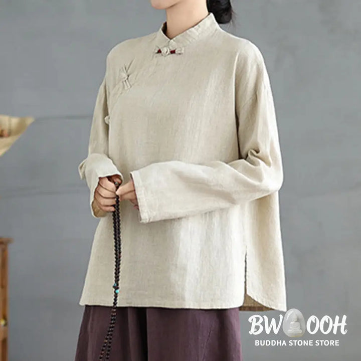 Buddha Stones Solid Color Frog-Button Long Sleeve Women’s Shirt - Women’s Shirts
