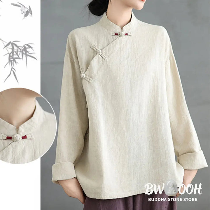 Buddha Stones Solid Color Frog-Button Long Sleeve Women’s Shirt - Women’s Shirts
