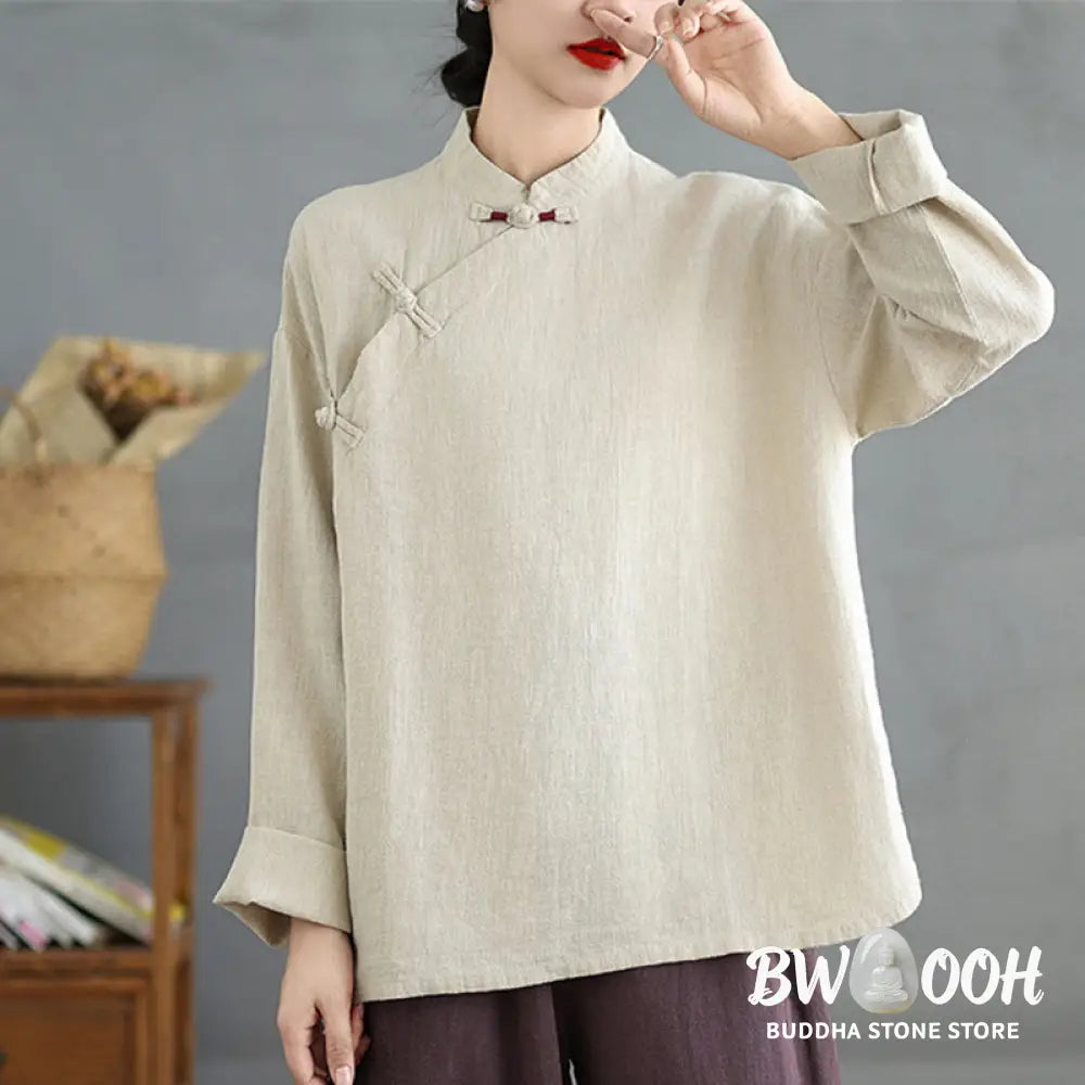 Buddha Stones Solid Color Frog-Button Long Sleeve Women’s Shirt - Women’s Shirts