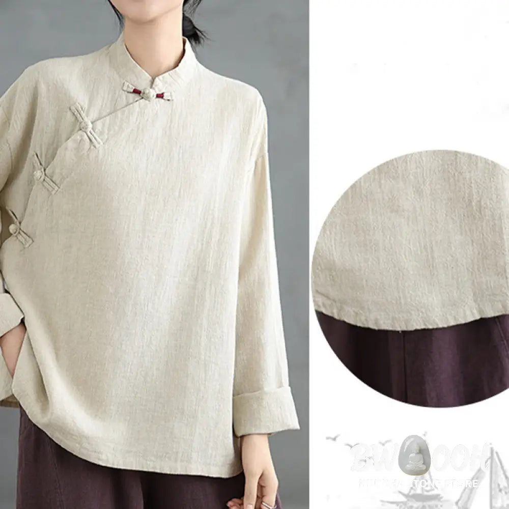 Buddha Stones Solid Color Frog-Button Long Sleeve Women’s Shirt - Women’s Shirts