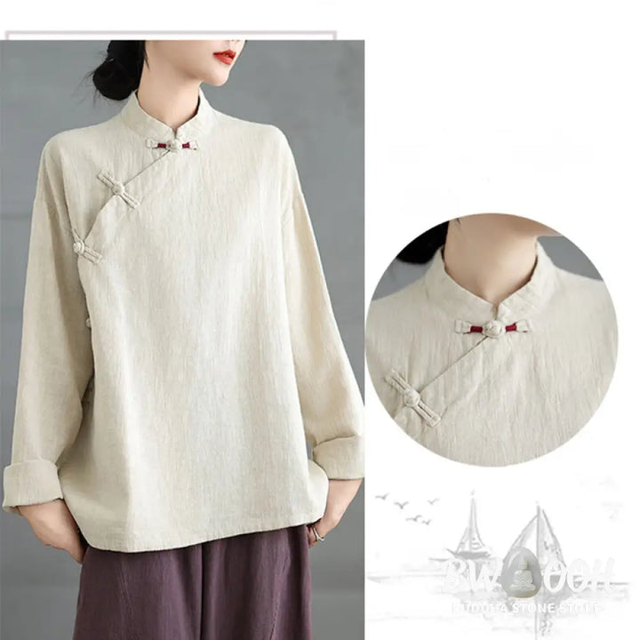 Buddha Stones Solid Color Frog-Button Long Sleeve Women’s Shirt - Women’s Shirts