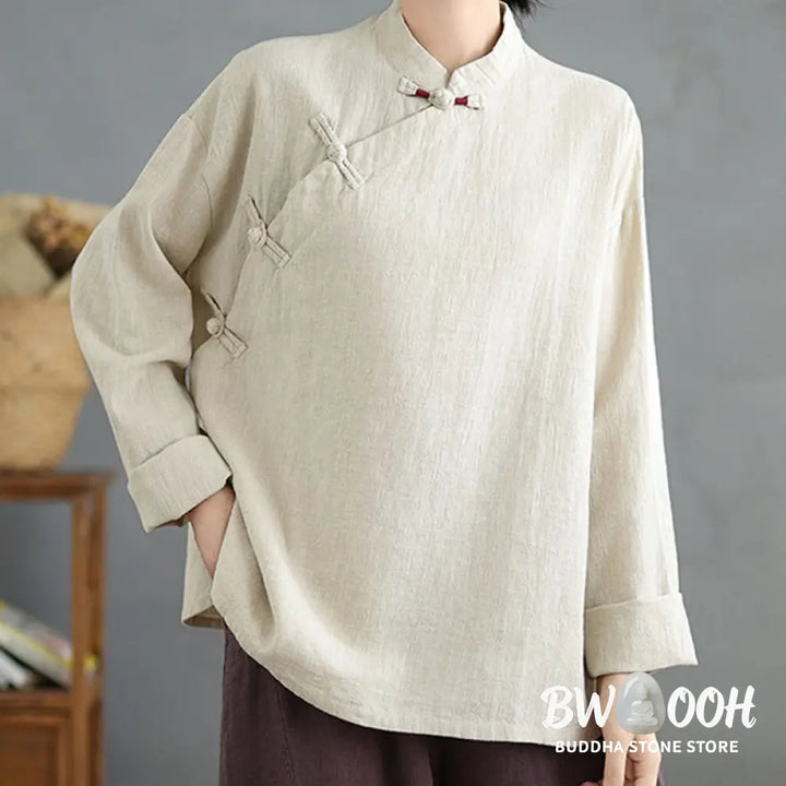 Buddha Stones Solid Color Frog-Button Long Sleeve Women’s Shirt - Women’s Shirts