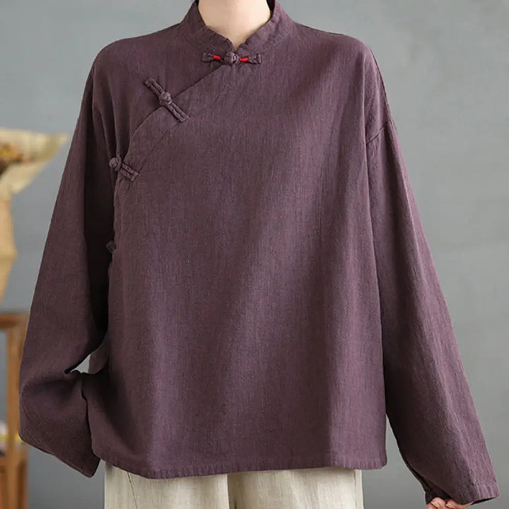 Buddha Stones Solid Color Frog-Button Long Sleeve Women’s Shirt - Thistle / US4，UK/AU8，EU36 (L) - Women’s Shirts