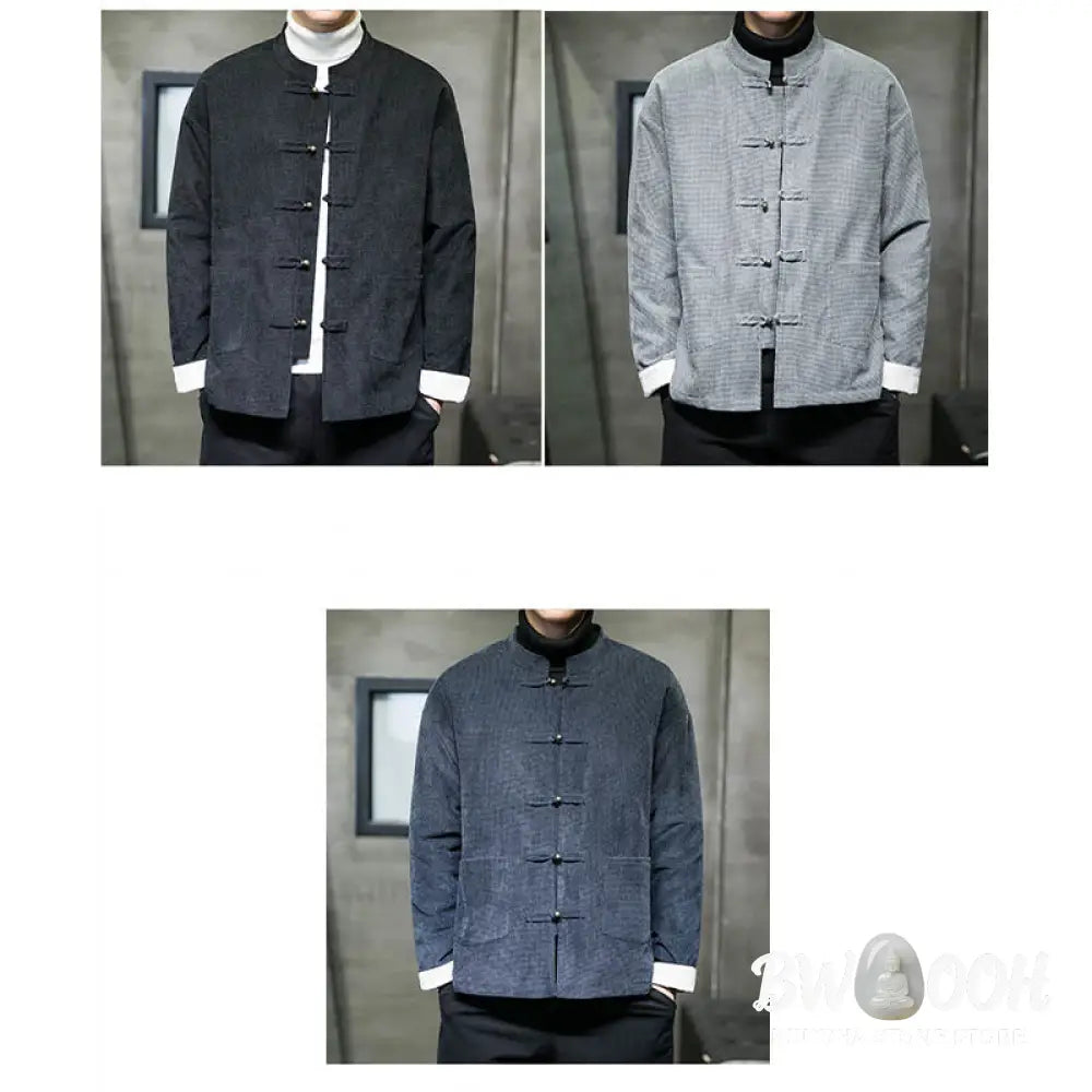 Buddha Stones Solid Color Frog-button Men’s Jacket Shirt Clothing - Men’s Jacket Shirt