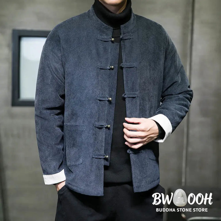 Buddha Stones Solid Color Frog-button Men’s Jacket Shirt Clothing - Men’s Jacket Shirt