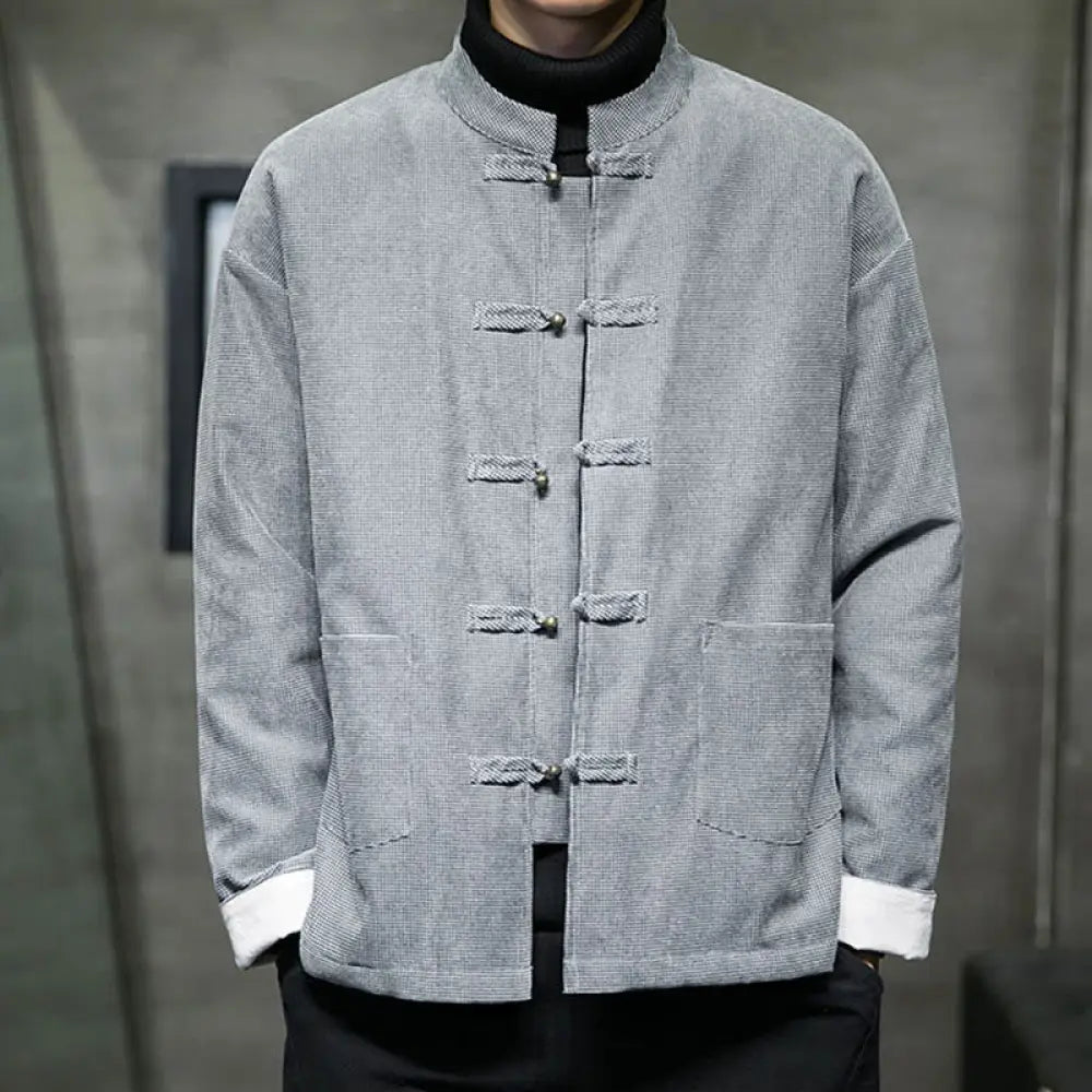 Buddha Stones Solid Color Frog-button Men’s Jacket Shirt Clothing - Gray / US/UK/AU34，EU44 (M) - Men’s Jacket Shirt