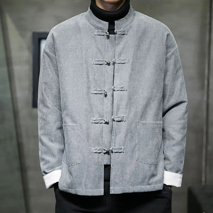 Buddha Stones Solid Color Frog-button Men’s Jacket Shirt Clothing - Gray / US/UK/AU34，EU44 (M) - Men’s Jacket Shirt