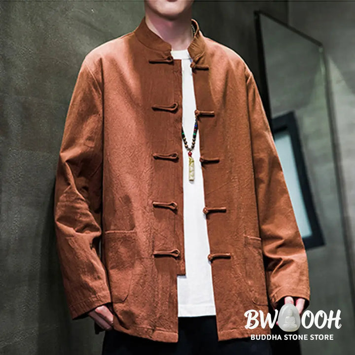 Buddha Stones Solid Color Frog-button Tang Suit Cotton Linen Men’s Jacket Shirt With Pockets - Men’s Jacket Shirt