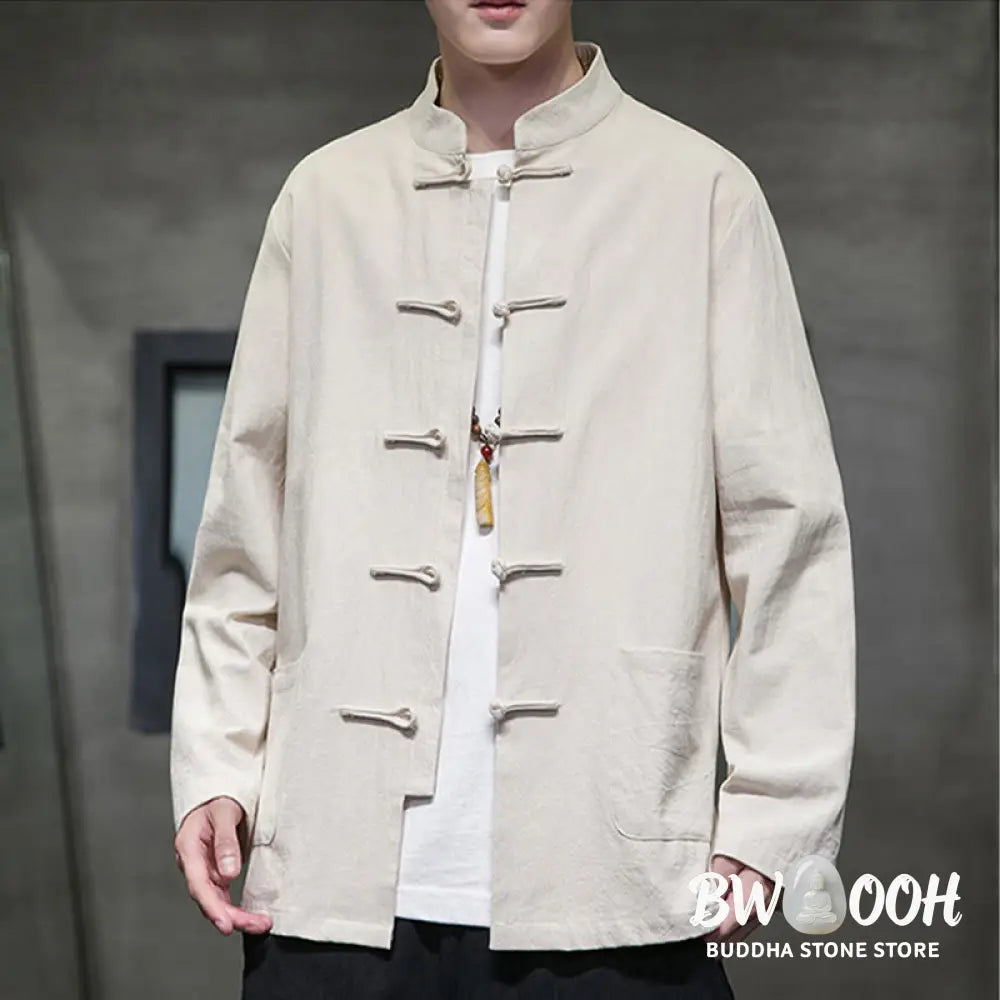 Buddha Stones Solid Color Frog-button Tang Suit Cotton Linen Men’s Jacket Shirt With Pockets - Men’s Jacket Shirt