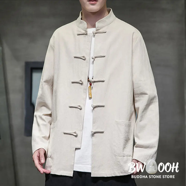 Buddha Stones Solid Color Frog-button Tang Suit Cotton Linen Men’s Jacket Shirt With Pockets - Men’s Jacket Shirt