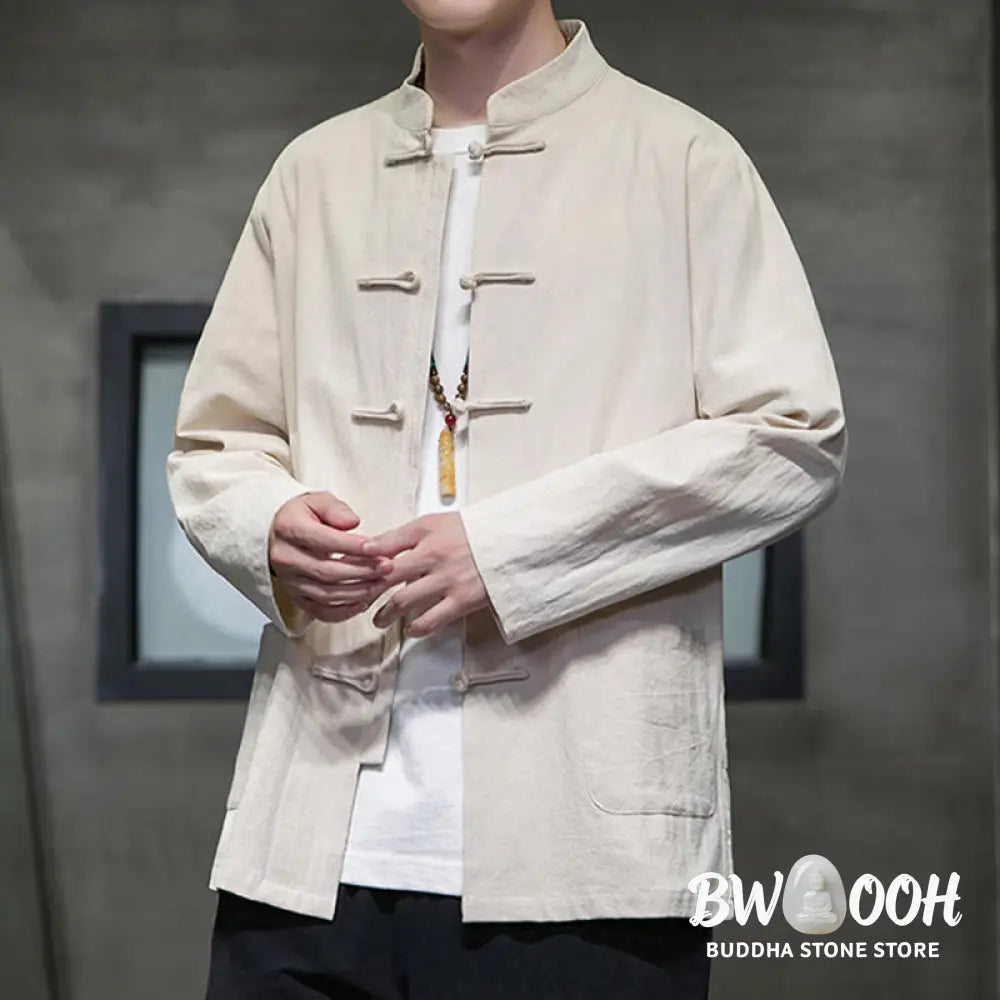 Buddha Stones Solid Color Frog-button Tang Suit Cotton Linen Men’s Jacket Shirt With Pockets - Men’s Jacket Shirt
