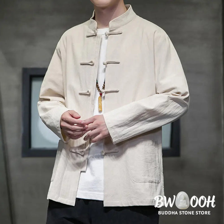 Buddha Stones Solid Color Frog-button Tang Suit Cotton Linen Men’s Jacket Shirt With Pockets - Men’s Jacket Shirt