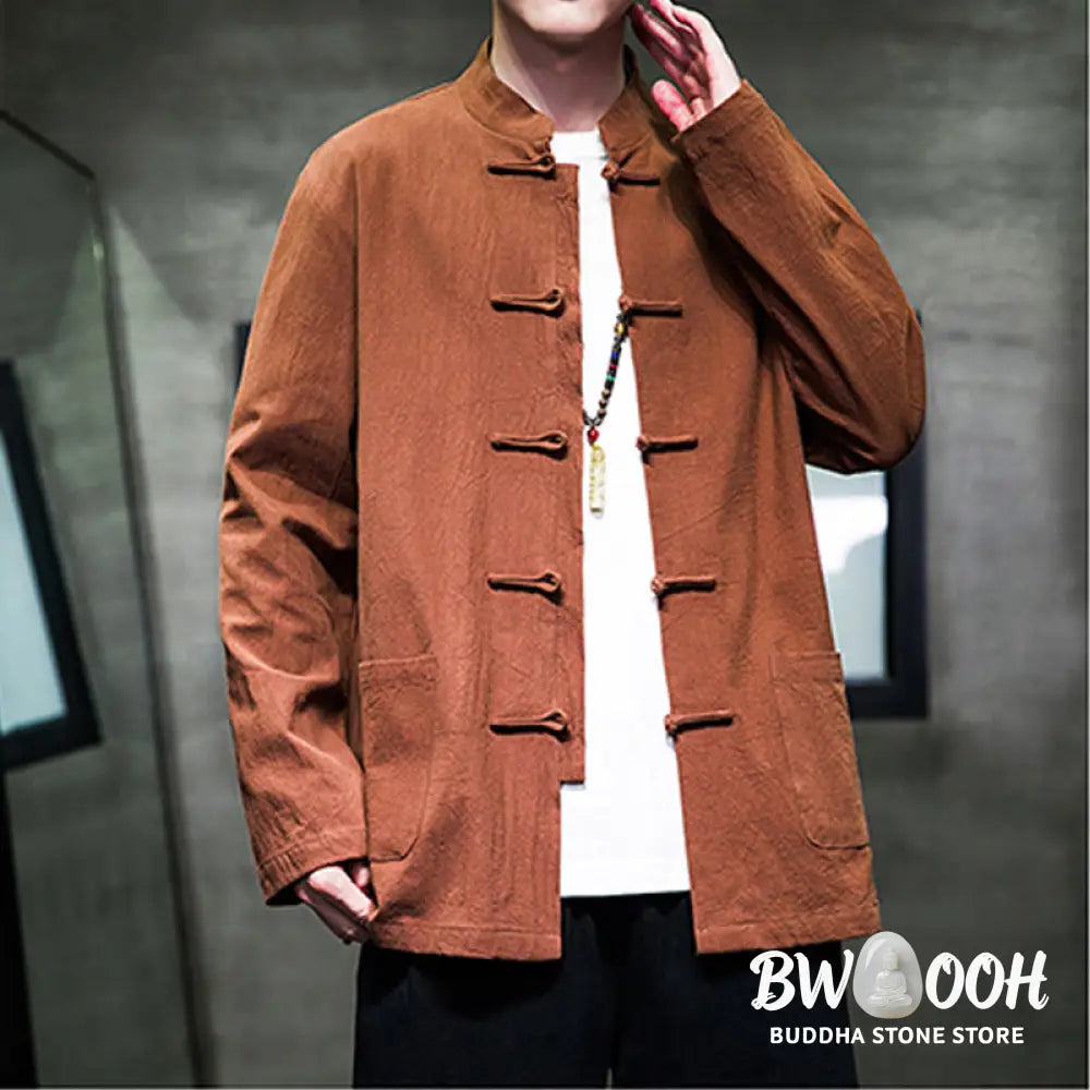 Buddha Stones Solid Color Frog-button Tang Suit Cotton Linen Men’s Jacket Shirt With Pockets - Men’s Jacket Shirt