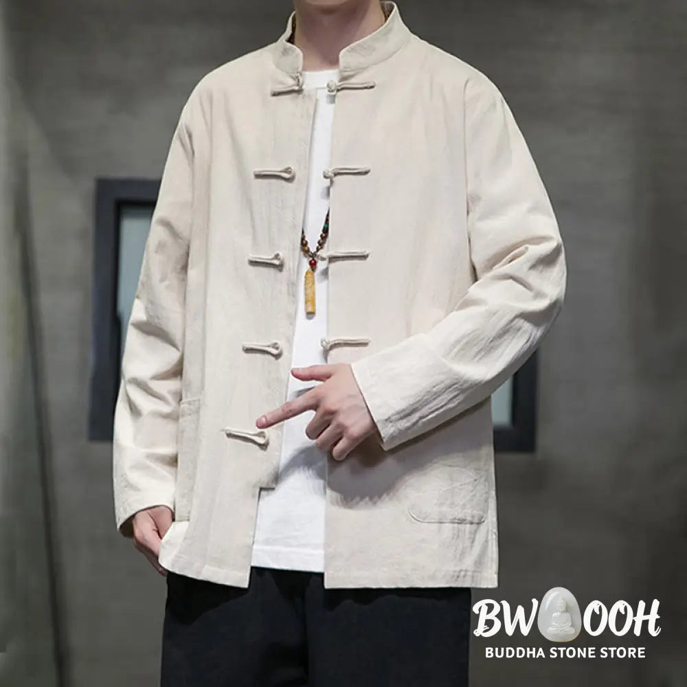 Buddha Stones Solid Color Frog-button Tang Suit Cotton Linen Men’s Jacket Shirt With Pockets - Men’s Jacket Shirt