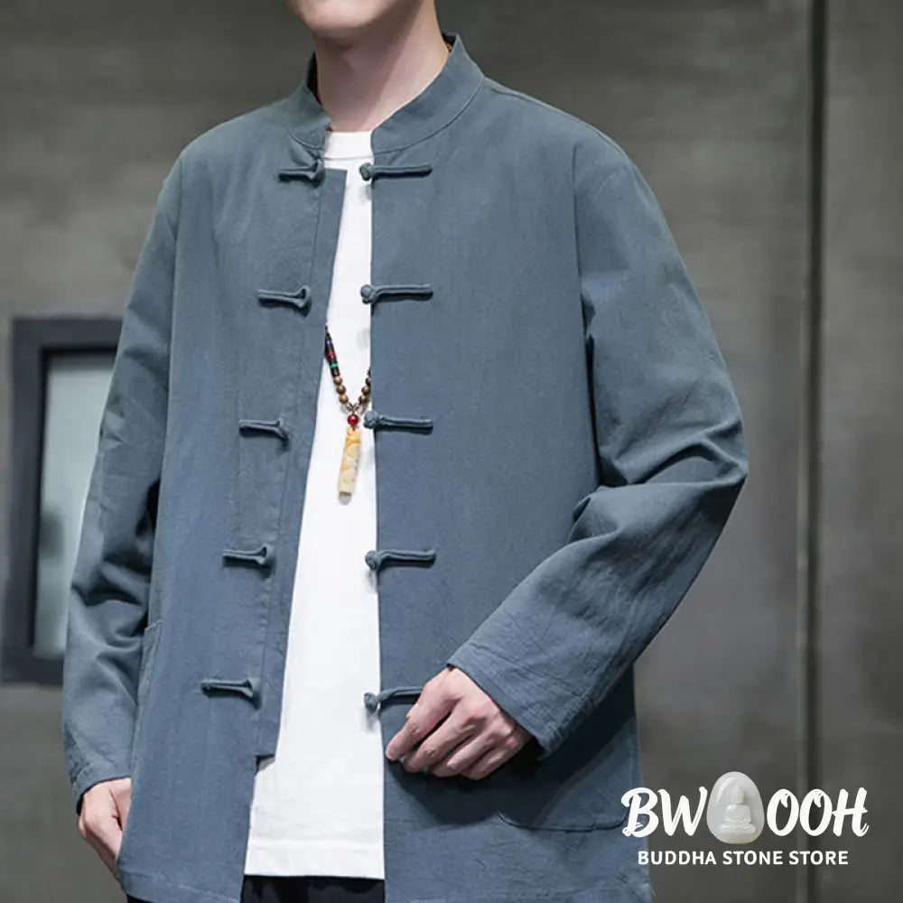 Buddha Stones Solid Color Frog-button Tang Suit Cotton Linen Men’s Jacket Shirt With Pockets - Men’s Jacket Shirt