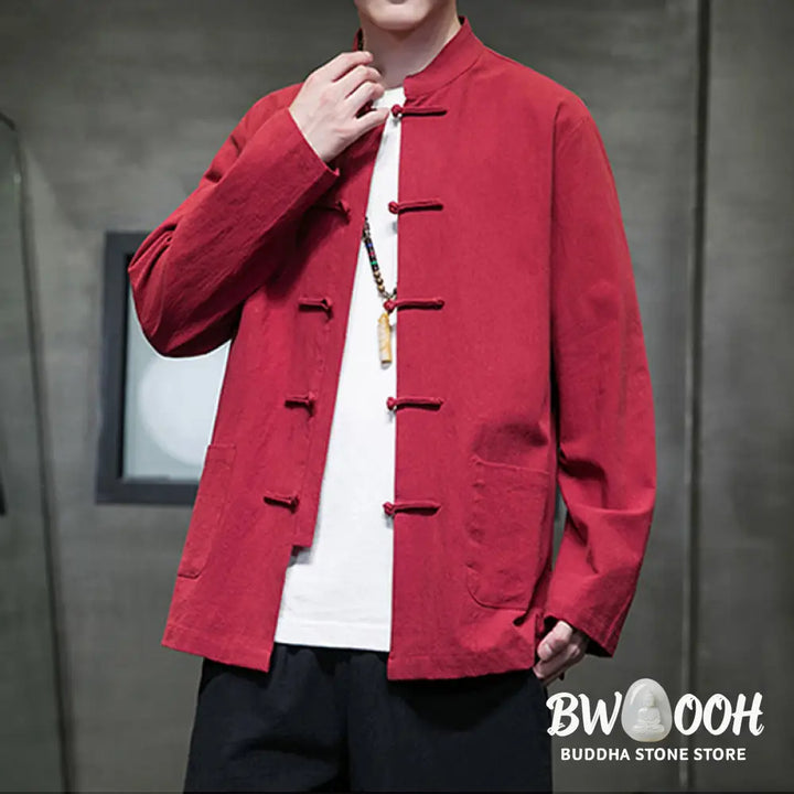 Buddha Stones Solid Color Frog-button Tang Suit Cotton Linen Men’s Jacket Shirt With Pockets - Men’s Jacket Shirt