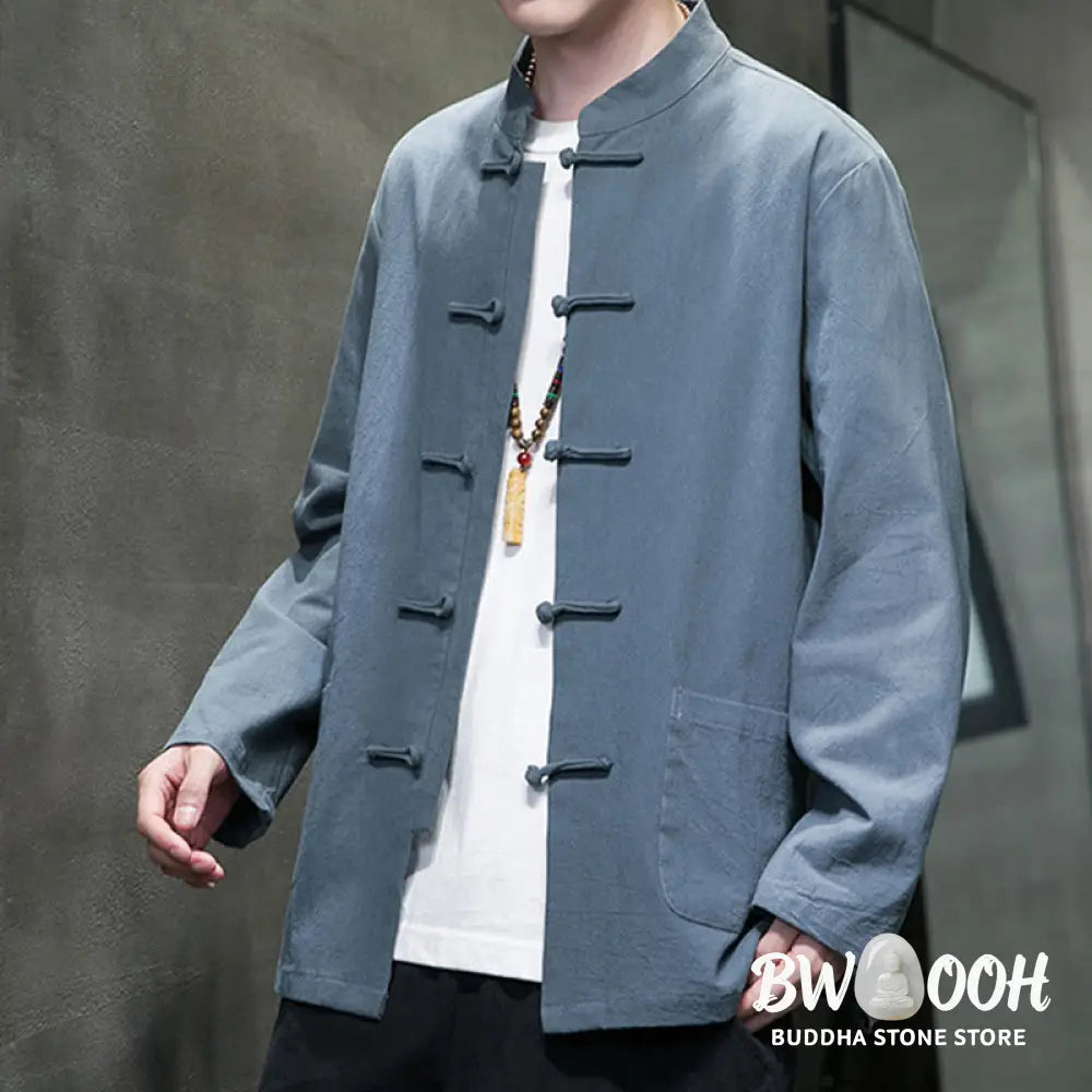 Buddha Stones Solid Color Frog-button Tang Suit Cotton Linen Men’s Jacket Shirt With Pockets - Men’s Jacket Shirt