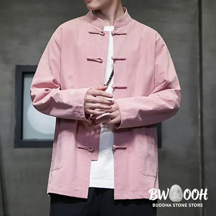 Buddha Stones Solid Color Frog-button Tang Suit Cotton Linen Men’s Jacket Shirt With Pockets - Men’s Jacket Shirt