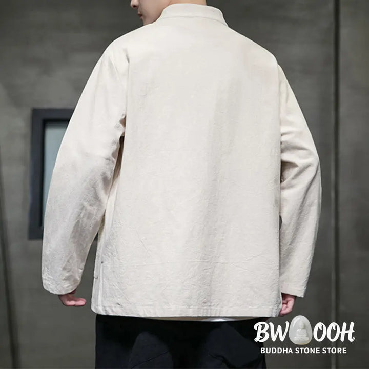 Buddha Stones Solid Color Frog-button Tang Suit Cotton Linen Men’s Jacket Shirt With Pockets - Men’s Jacket Shirt