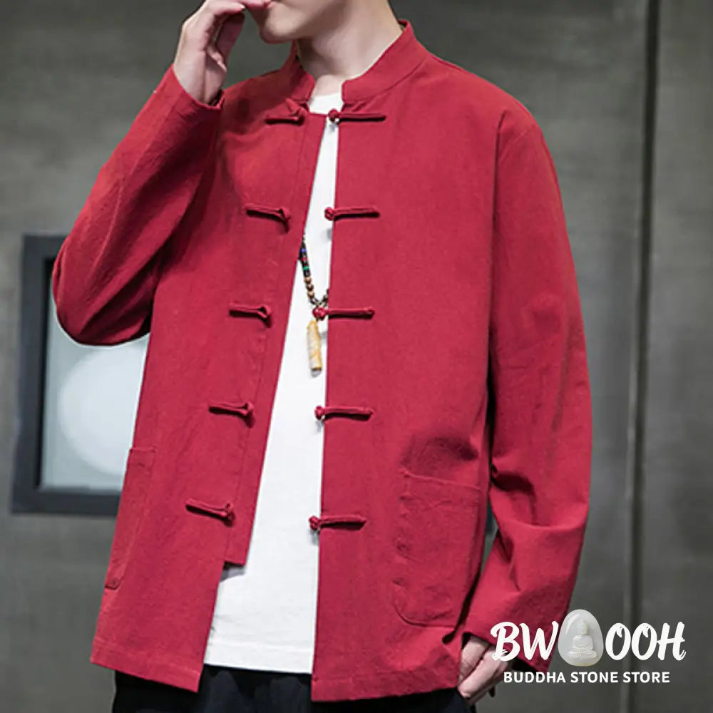 Buddha Stones Solid Color Frog-button Tang Suit Cotton Linen Men’s Jacket Shirt With Pockets - Men’s Jacket Shirt