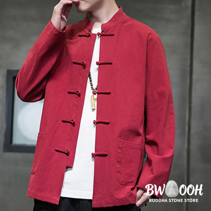 Buddha Stones Solid Color Frog-button Tang Suit Cotton Linen Men’s Jacket Shirt With Pockets - Men’s Jacket Shirt