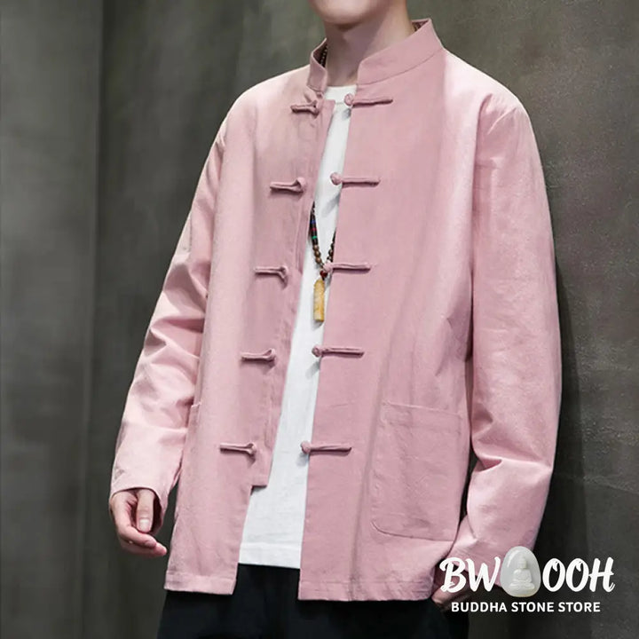 Buddha Stones Solid Color Frog-button Tang Suit Cotton Linen Men’s Jacket Shirt With Pockets - Men’s Jacket Shirt