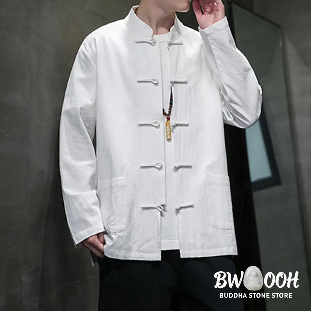 Buddha Stones Solid Color Frog-button Tang Suit Cotton Linen Men’s Jacket Shirt With Pockets - Men’s Jacket Shirt
