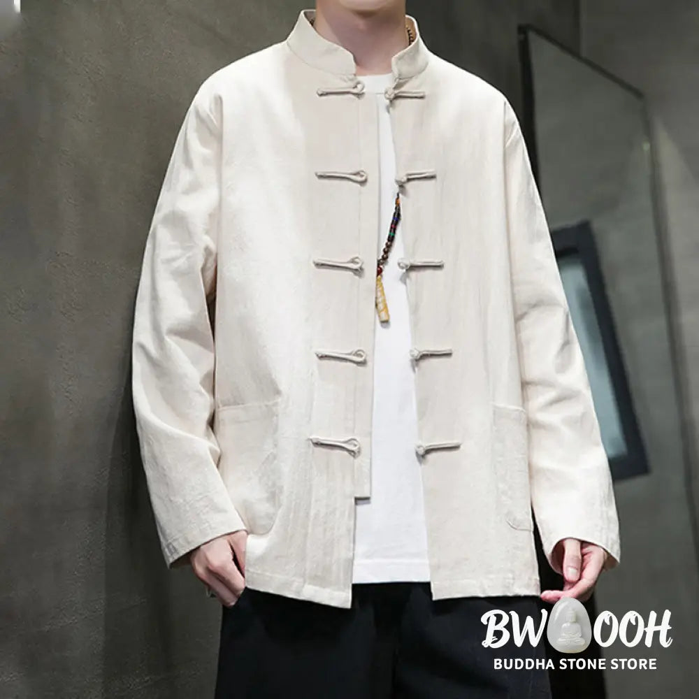 Buddha Stones Solid Color Frog-button Tang Suit Cotton Linen Men’s Jacket Shirt With Pockets - Men’s Jacket Shirt